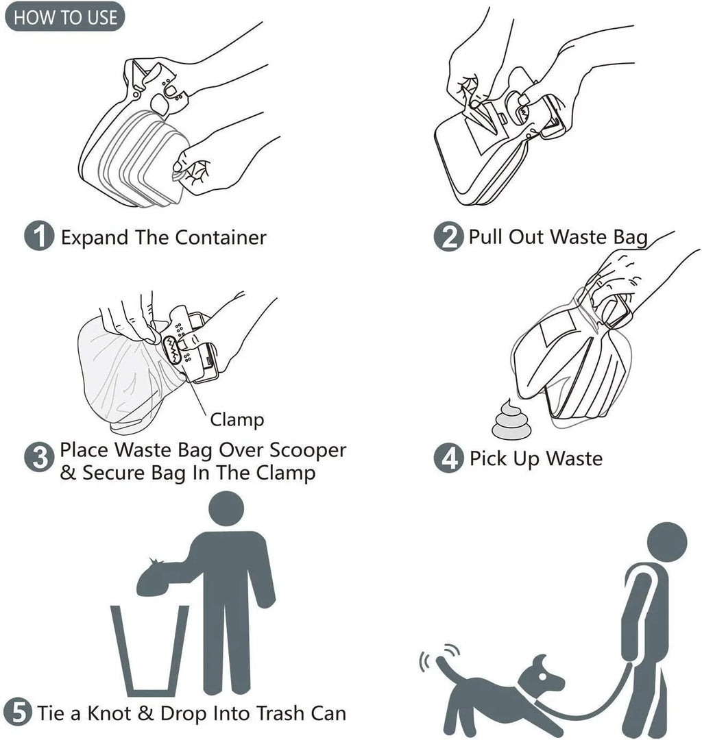 Blue handheld dog pooper scooper with clip and integrated waste bag compartment