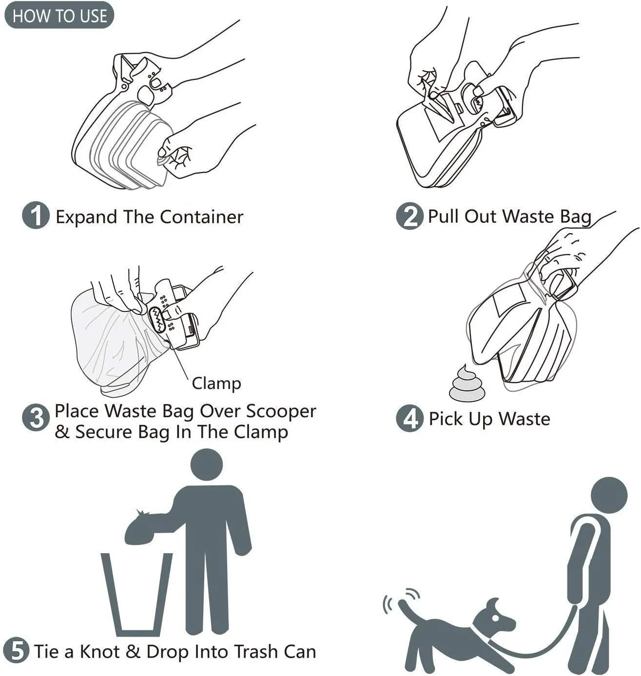 Blue handheld dog pooper scooper with clip and integrated waste bag compartment