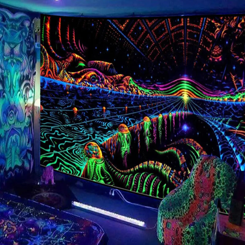Fluorescent woven plush polyester tapestry with landscape pattern, available in 23 colours and multiple sizes