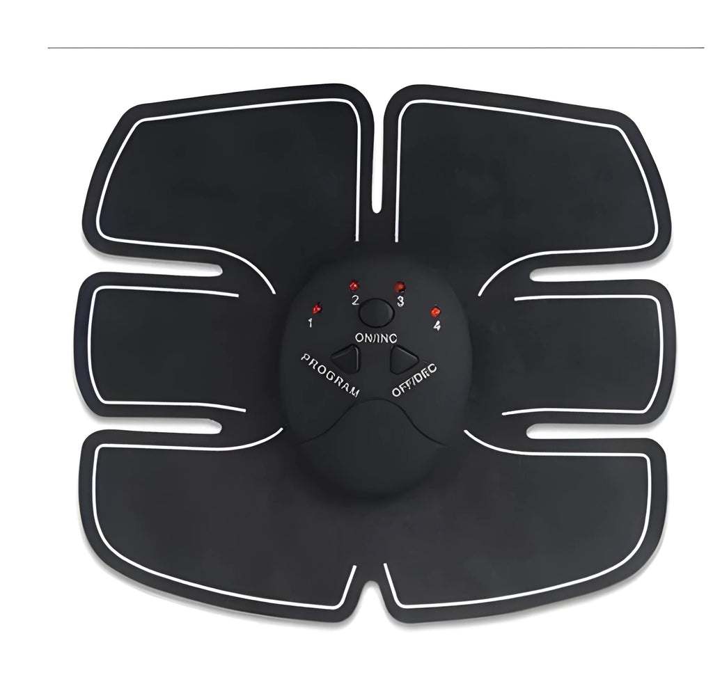Black EMS muscle stimulator device with electrode pads for abdominal toning and slimming