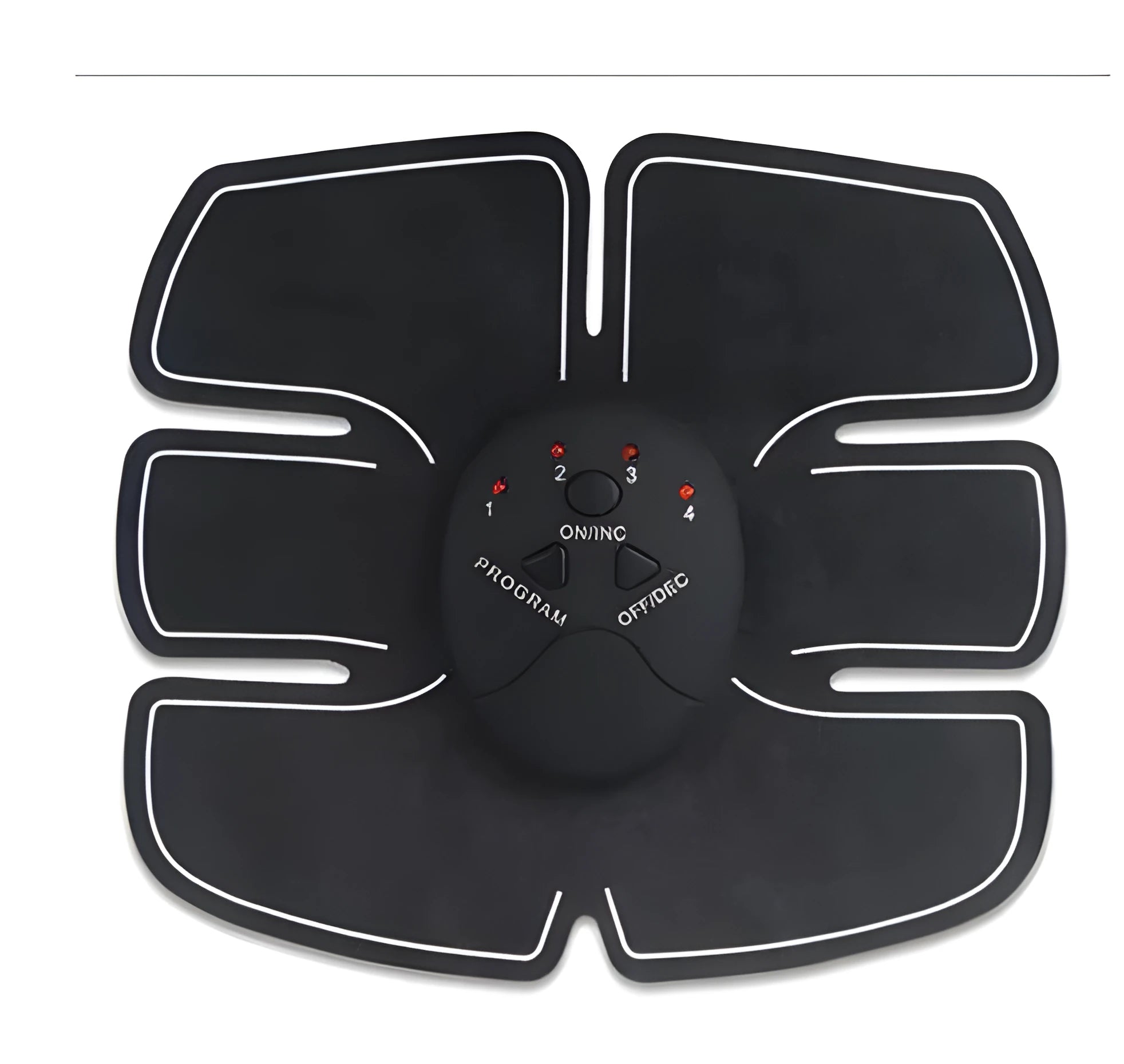 Black EMS muscle stimulator device with electrode pads for abdominal toning and slimming