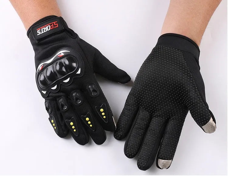 Outdoor motorcycle riding gloves with hard shell, non-slip palm, and touch screen fingertips in black
