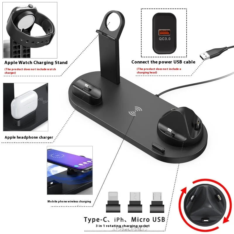 Black wireless charging stand holding a mobile phone and a smartwatch on a desk.