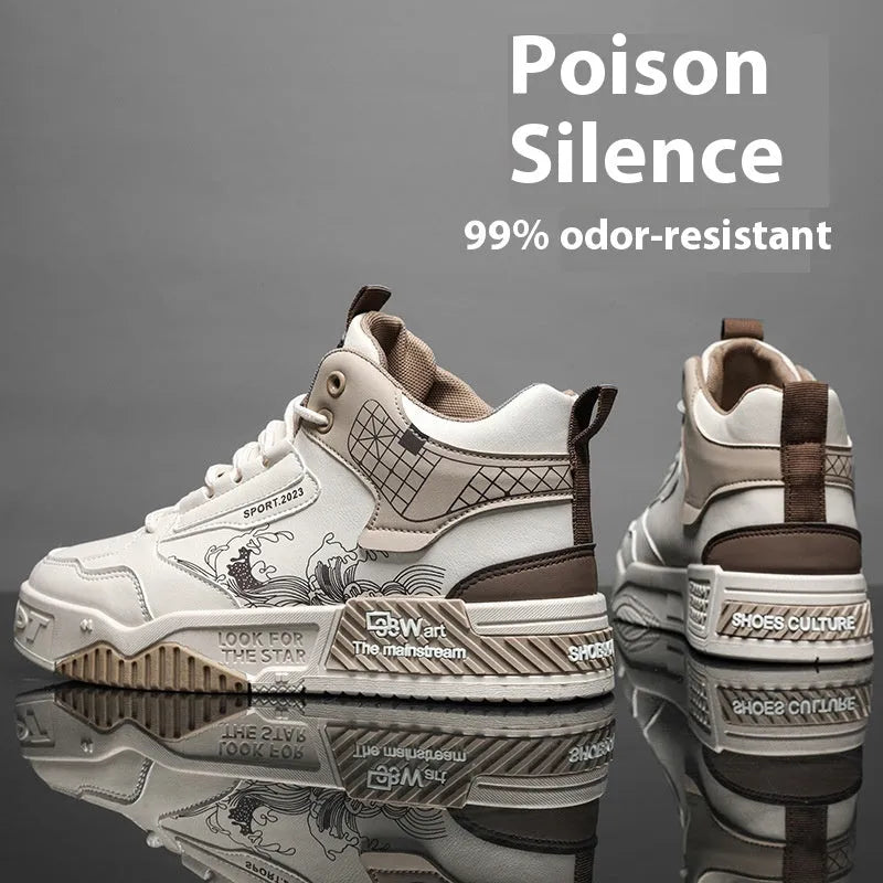 Men's beige, white, and blue high-top board shoes with lace-up front and rubber sole