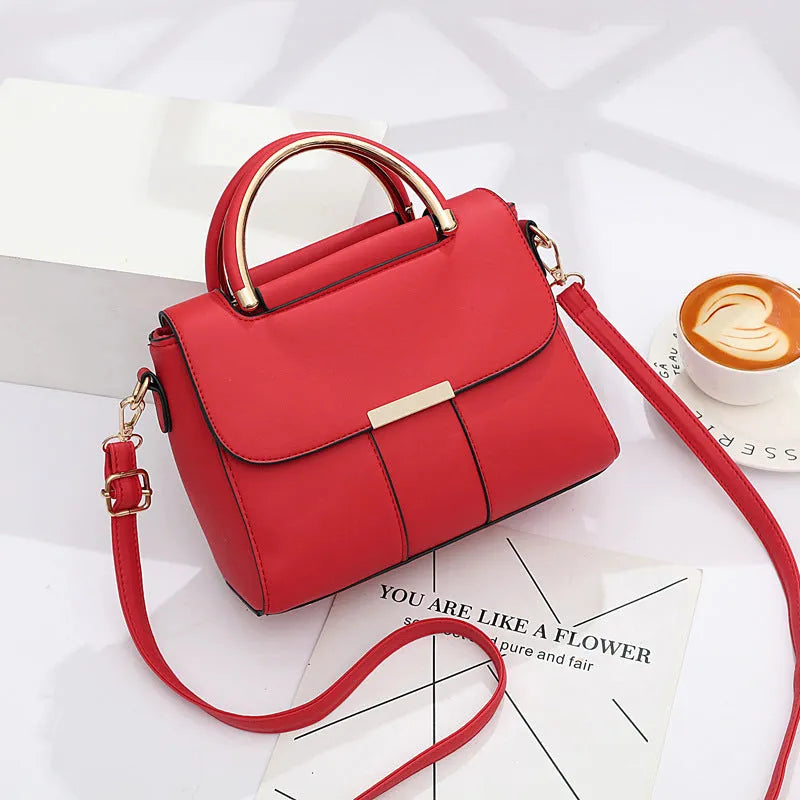 Women's medium PU square shoulder handbag with cover opening and multiple interior pockets
