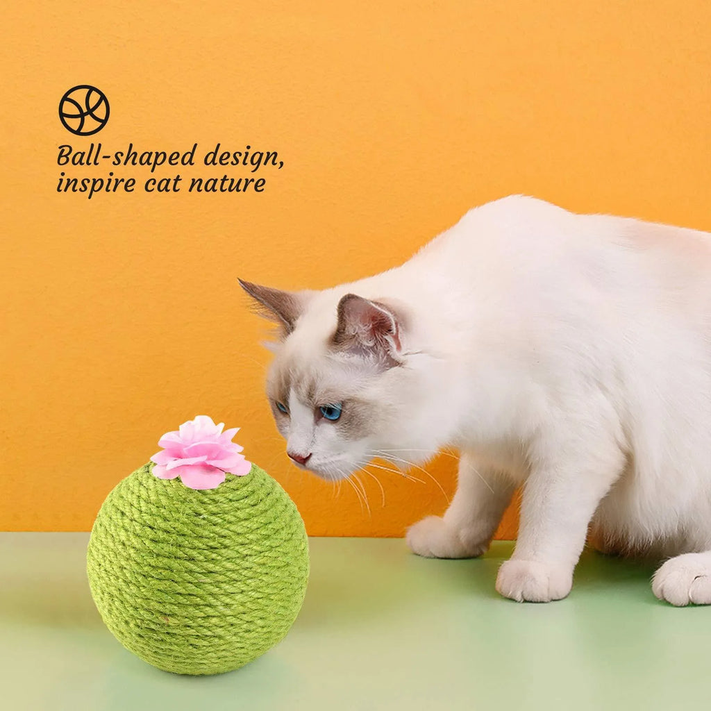 Green cactus-shaped cat scratcher with sisal post, catnip toys, and a tumbler ball on a stable base