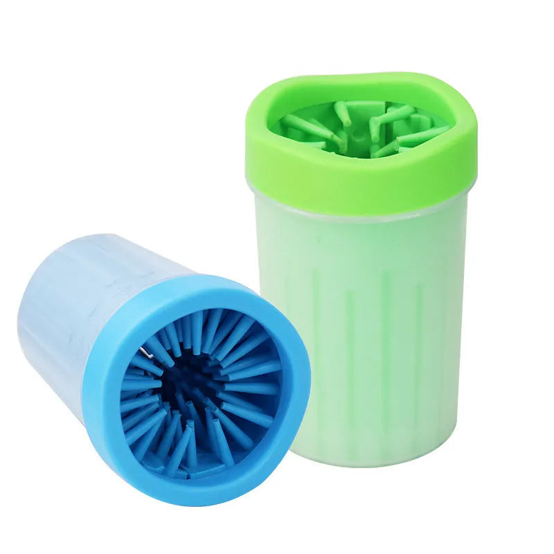 Blue silicone and plastic dog foot washing barrel with drainage hole for muddy paws
