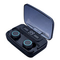 Black M11 wireless Bluetooth in-ear headphones with a matching charging case showing digital battery display.