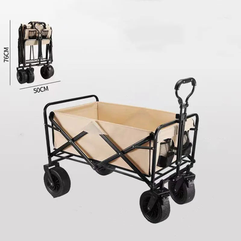 Portable folding camping trolley in khaki with metal frame and table plate