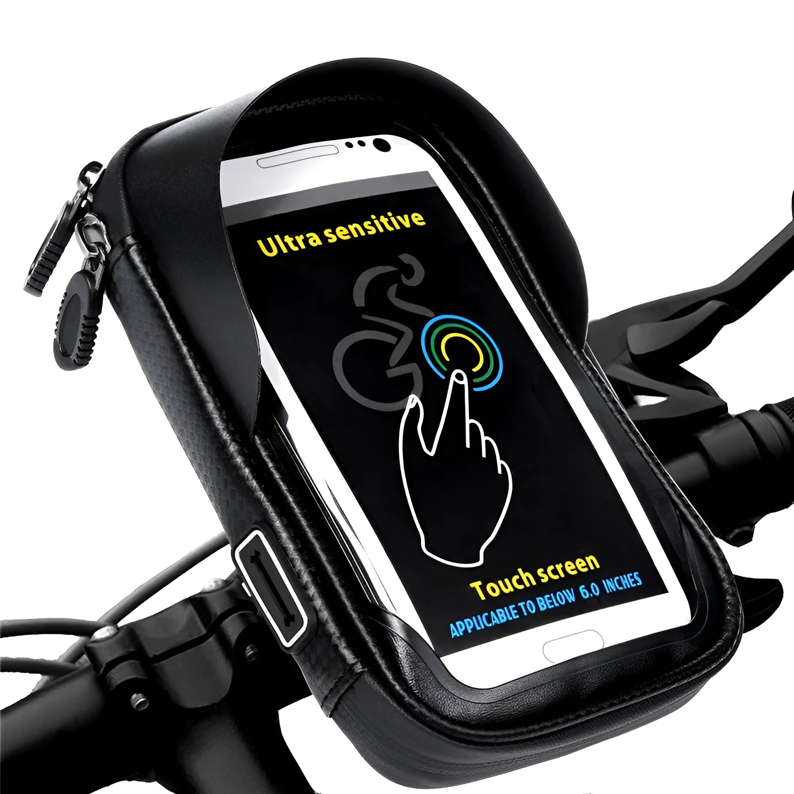 Black nylon cycle mobile phone bracket bag with 6.0 inch screen window, water resistant, anti-glare visor, and tool-free adjustable base