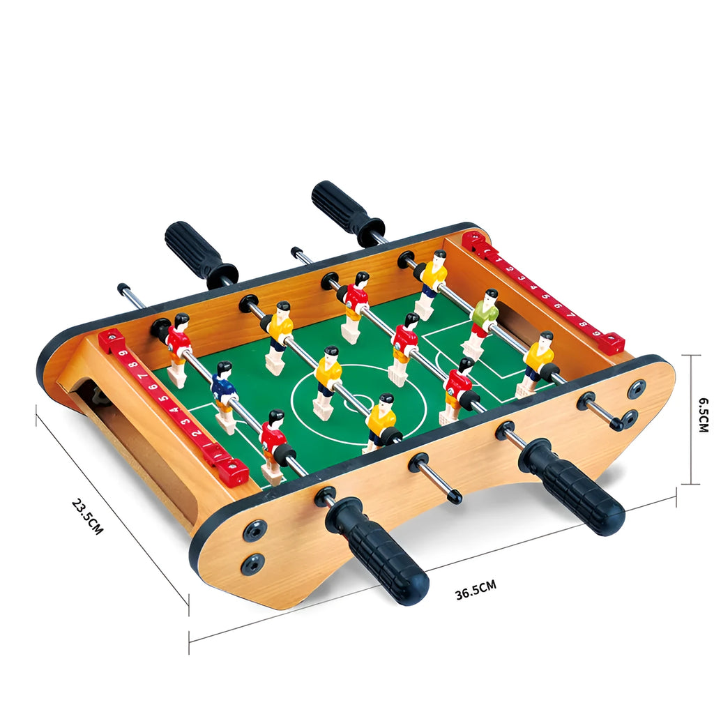 Wooden table football machine with two-person play handles, designed for children and adults.