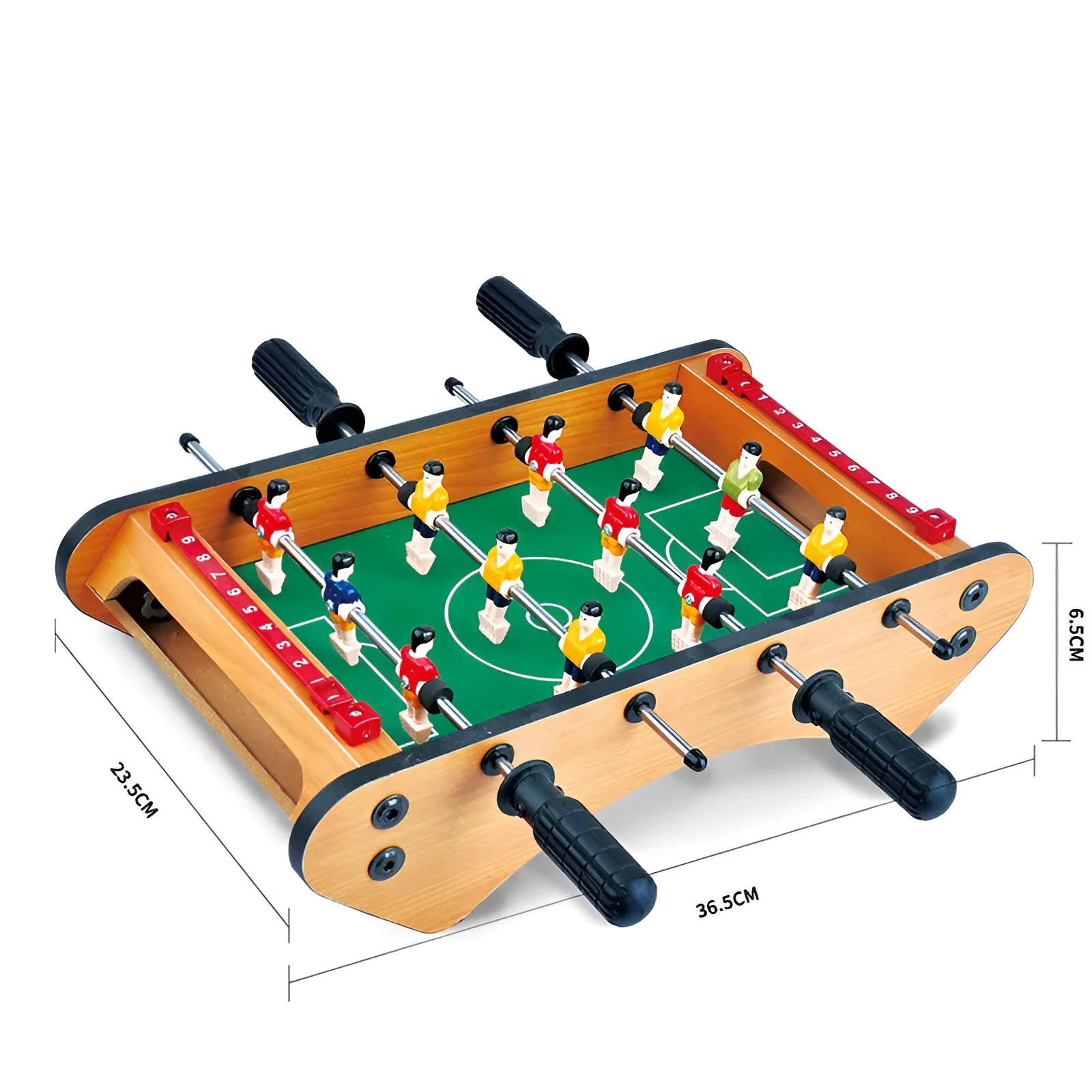 Wooden table football machine with two-person play handles, designed for children and adults.