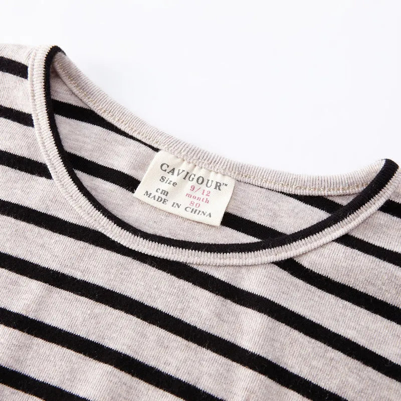 Striped print long sleeve cotton T-shirt for baby girls in black colour with size chart