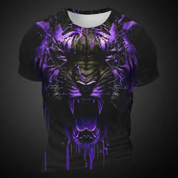 Men's short sleeve T-shirt showing detailed 3D tiger pattern digital printed on light grey bird eye polyester fabric