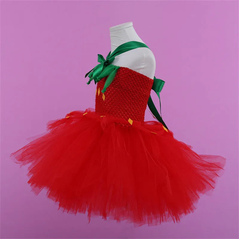 Red girls princess dress with lace and mesh in South Korean silk on a white background.