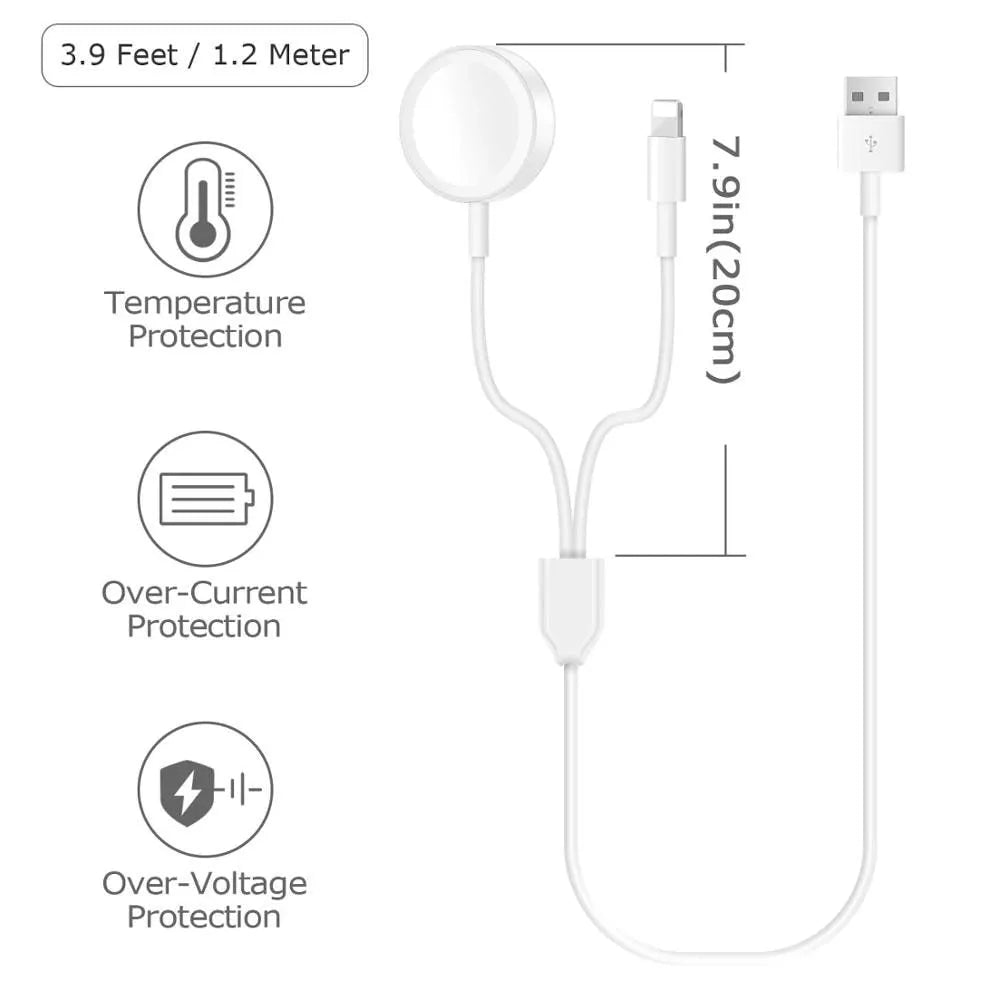 White two-in-one wireless watch charger with USB connectivity for 5V charging
