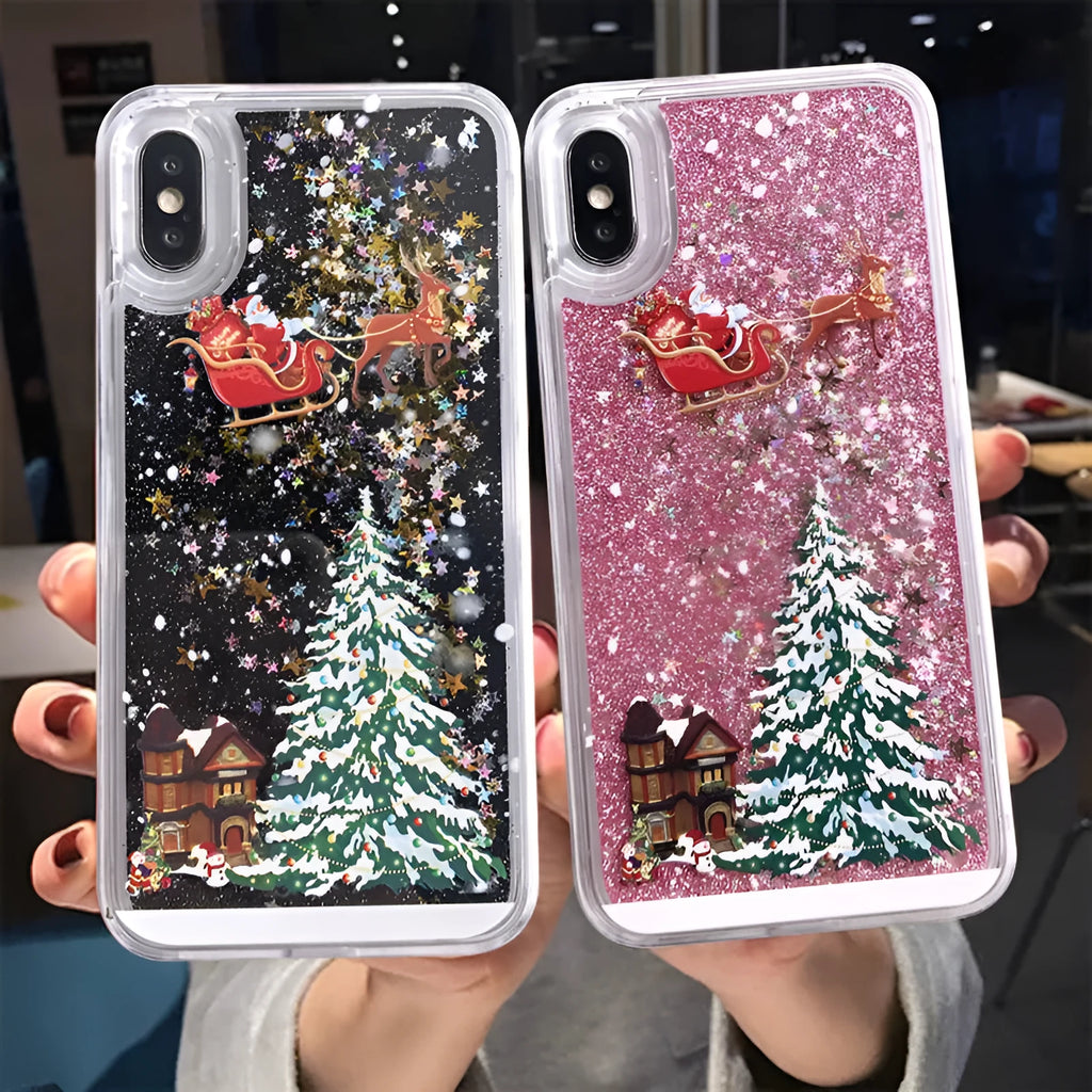 Christmas quicksand design phone case with Santa Claus pattern for iPhone and Samsung devices