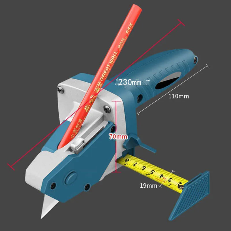 Blue aluminium alloy and TPR plastic woodworking cutter tool with measuring scale.