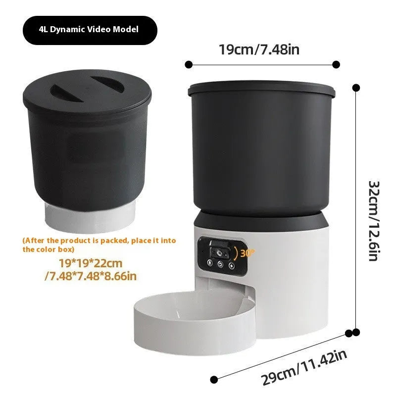 White 4L smart pet feeder with app control and optional camera on a kitchen floor.