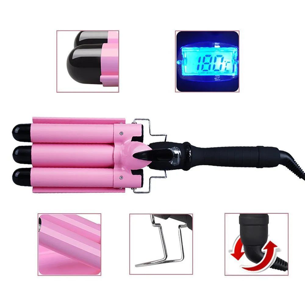 Pink curling iron with LCD screen, conical ceramic barrel 16-20mm, and rotating cord