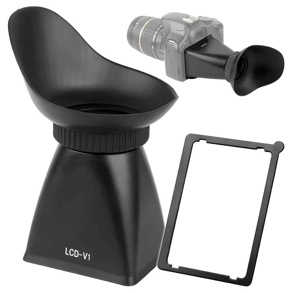 Black camera LCD viewfinder with magnification lens and magnetic mount on a DSLR.