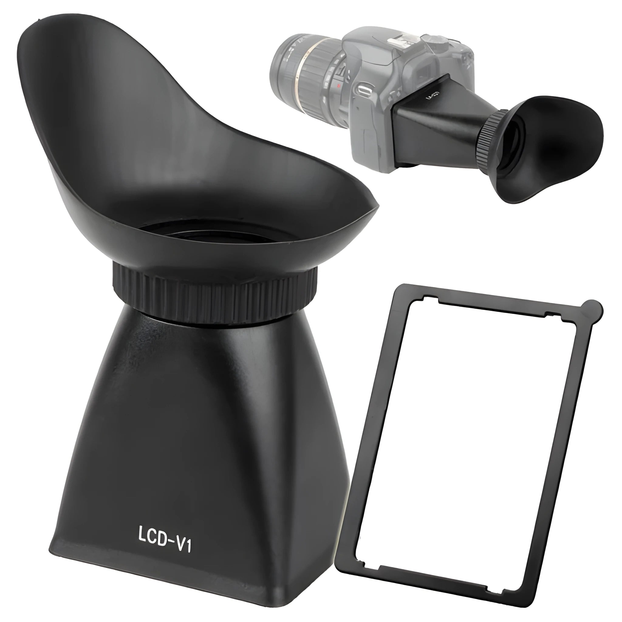 Black camera LCD viewfinder with magnification lens and magnetic mount on a DSLR.