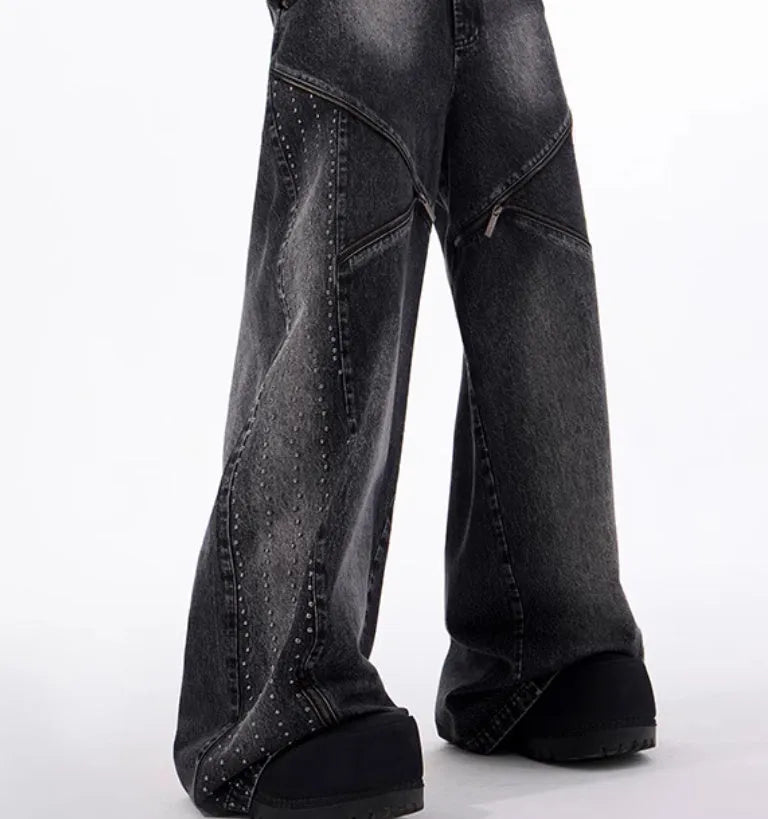 Black and grey Korean-style wide leg denim trousers with matching vest top laid flat.