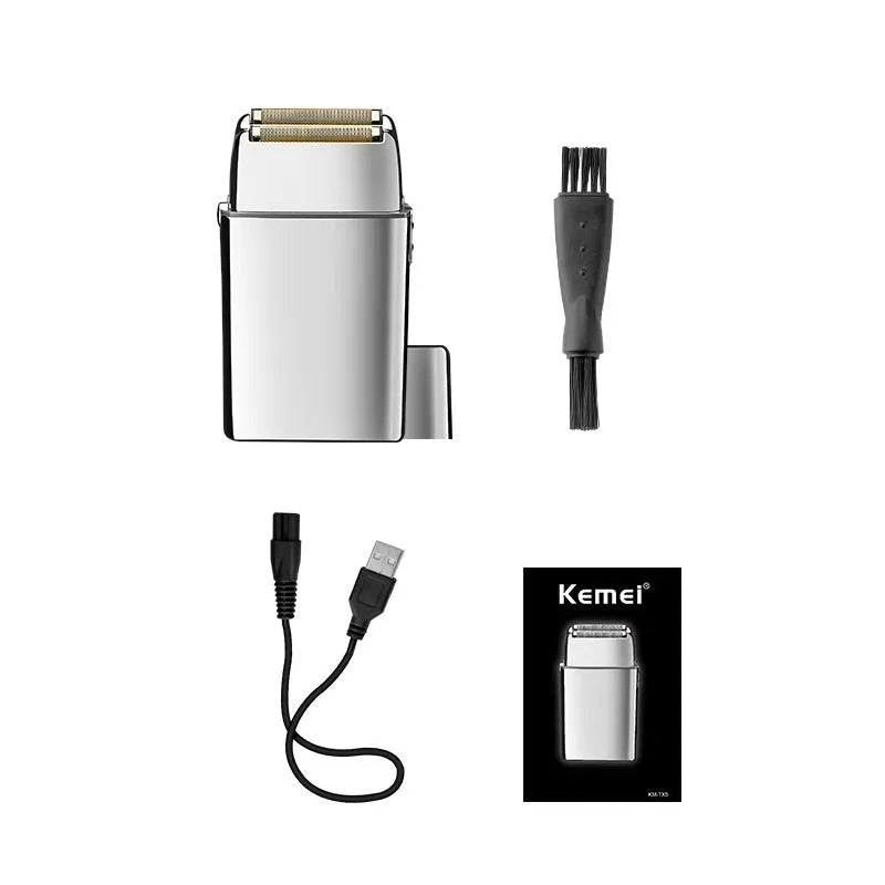 Silver USB rechargeable electric reciprocating shaver with cleaning brush and USB cable
