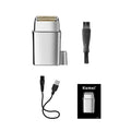 Silver USB rechargeable electric reciprocating shaver with cleaning brush and USB cable