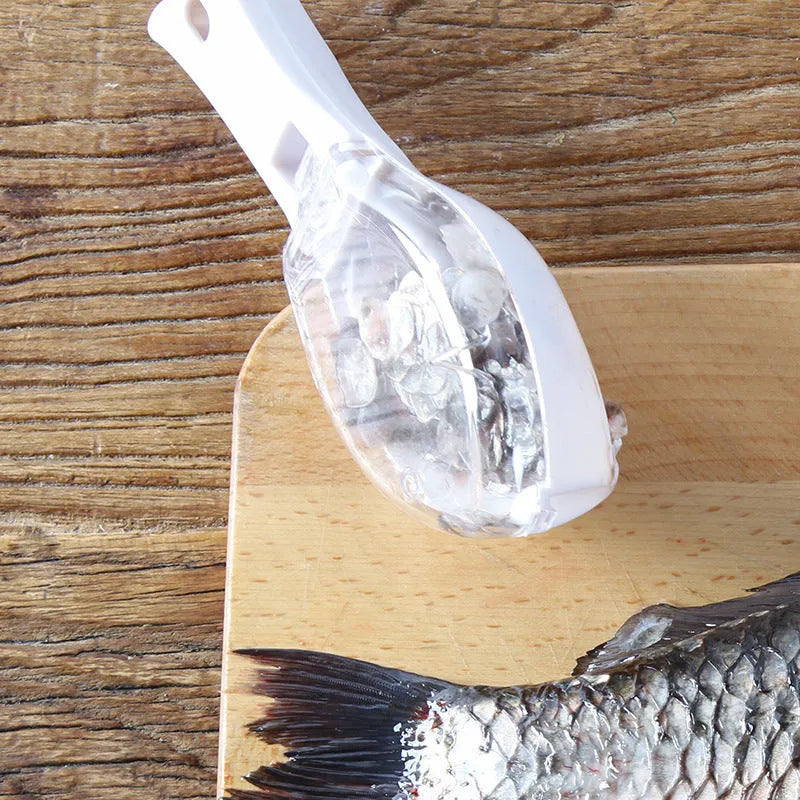 Fish scale scraper kitchen tool with cover design in food-grade white plastic with hanging hole