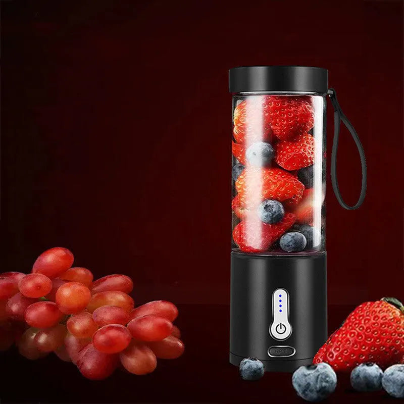 Portable rechargeable blender with 530ml cup in various colours including black, white, blue, and rose red