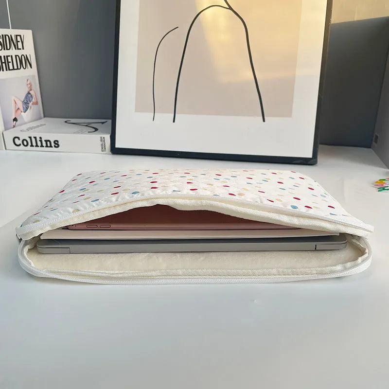 Women's polka dot polyester laptop bag showing three size options