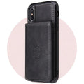 Imitation leather card wallet phone case for iPhone 11 in black, blue, brown, orange, pink, and red colours.