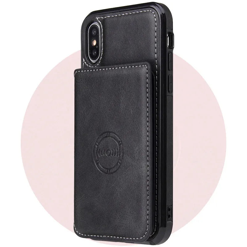 Imitation leather card wallet phone case for iPhone 11 in black, blue, brown, orange, pink, and red colours.