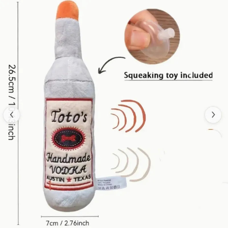 Brown plush wine bottle shaped dog toy with squeaker for chewing and play
