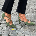 Plus size pointed toe suede sandals with cross buckle strap, 6-8cm high heel, in green, apricot, or blue.