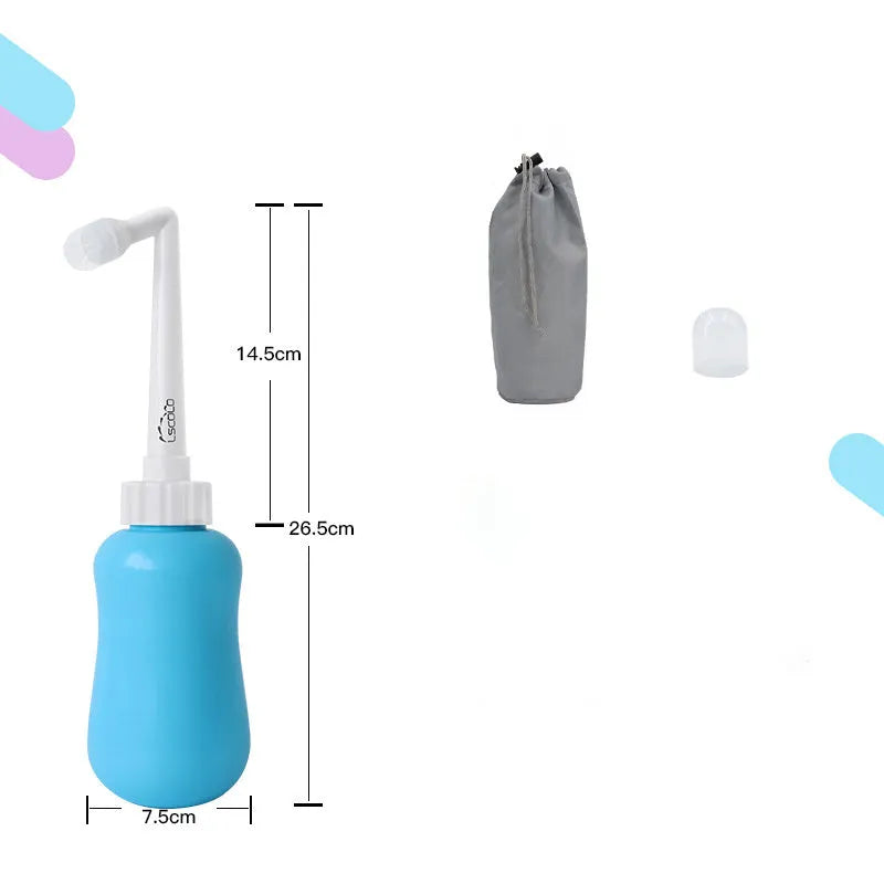 Portable female washer irrigator in blue 450ml with telescopic elbow nozzle on white background