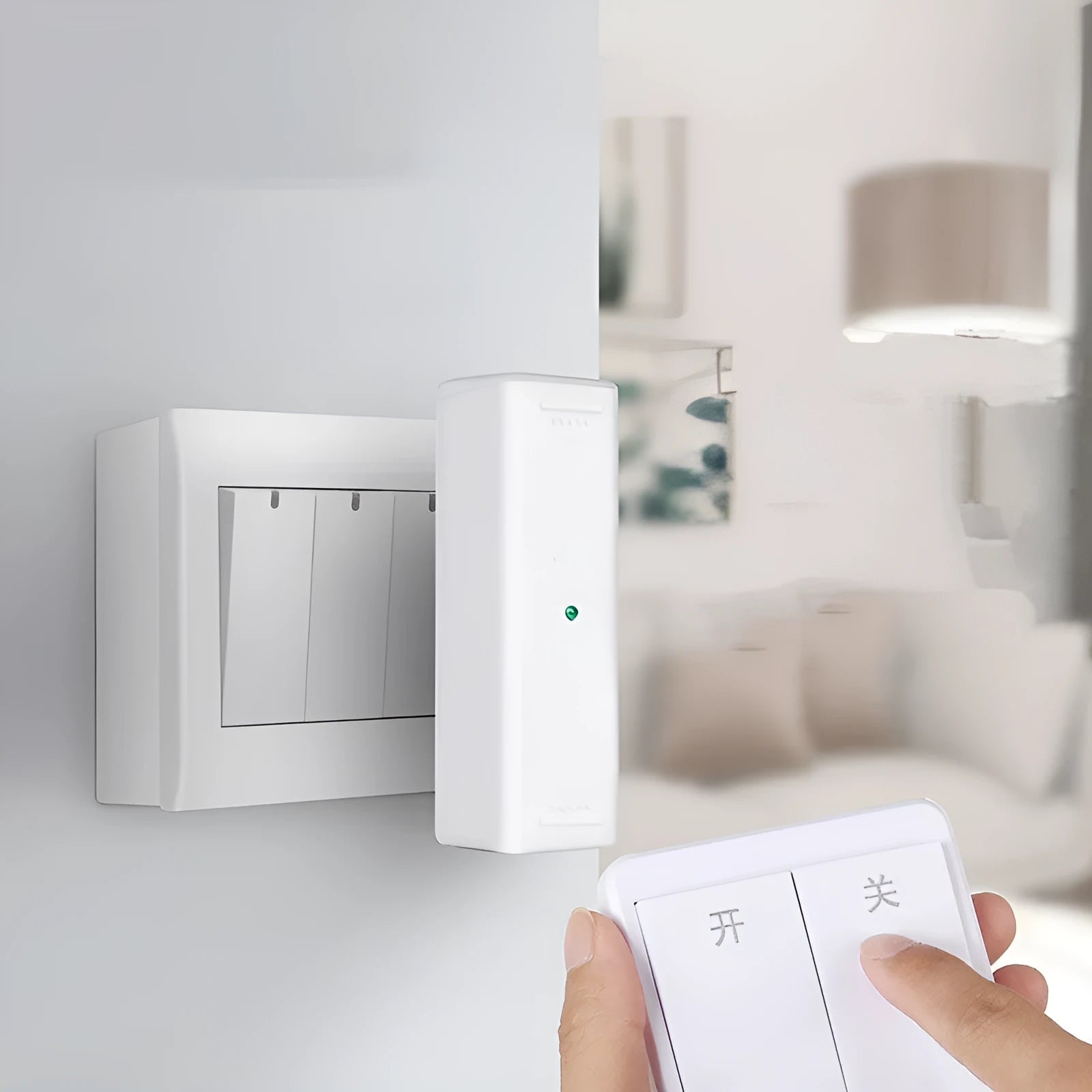 A white wireless remote control light switch with a touch panel and a matching remote on a wall.