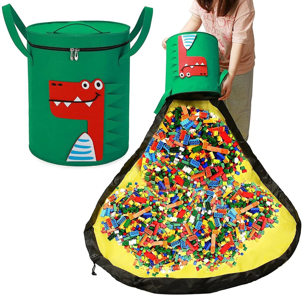 Green felt cube storage bag with pull rope handles that converts to toy play mat