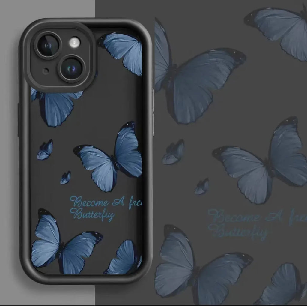 Blue butterfly printed edge drop-resistant TPU phone case for Apple iPhone in black