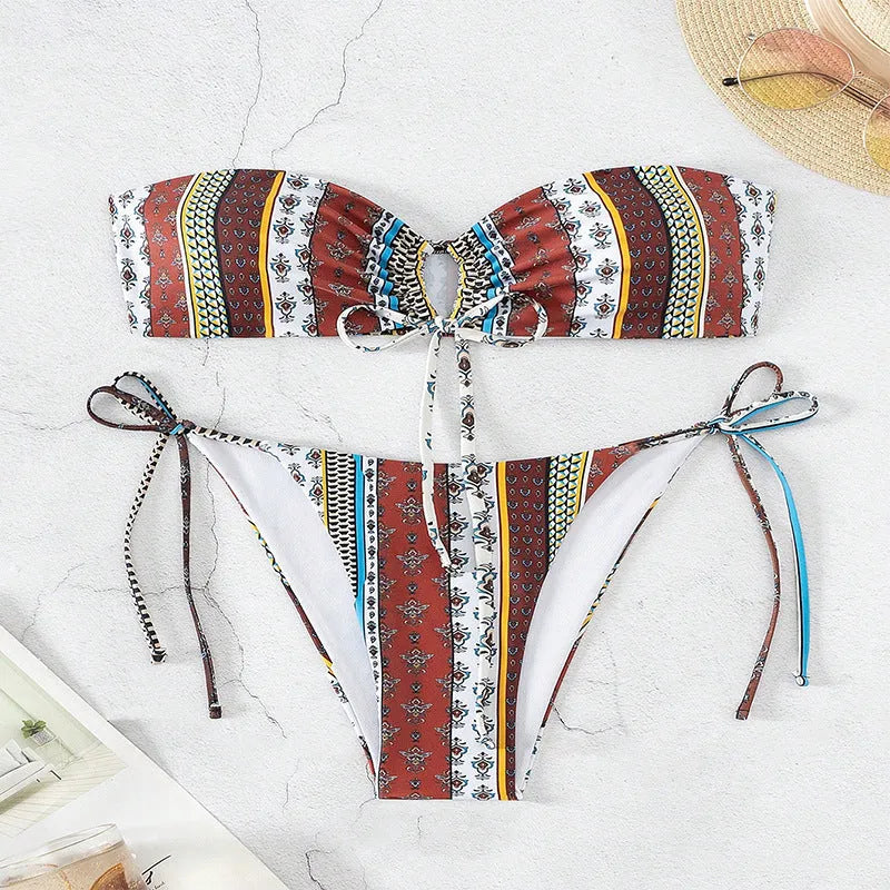 Women's printed lace-up front split leg swimsuit in mixed colours with bra and pants