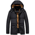 Men's black velvet padded hooded jacket with a double-breasted front on a hanger.