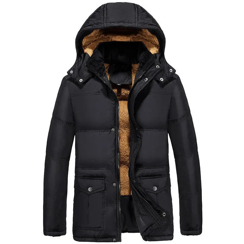 Men's black velvet padded hooded jacket with a double-breasted front on a hanger.