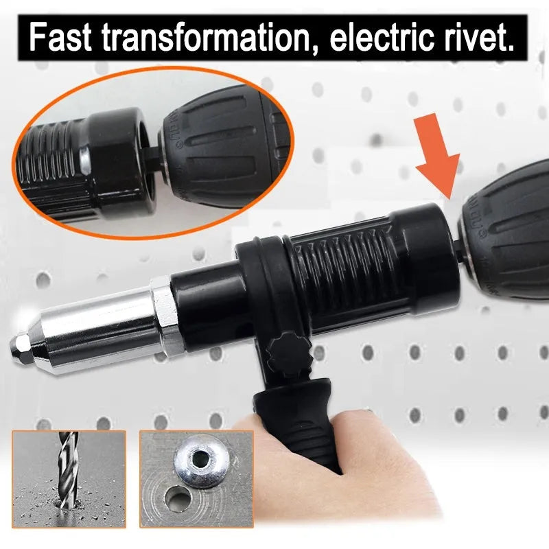 Black metal electric drill rivet gun adaptor with handle, wrench, and four rivet heads on a workbench.