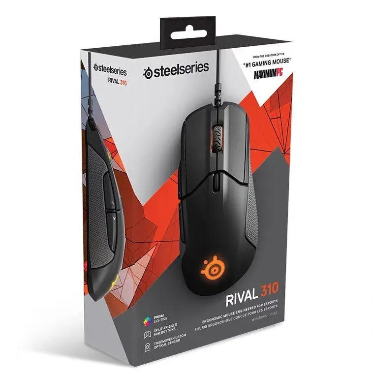 Black wired mechanical gaming mouse with 12000 DPI sensor and six programmable buttons on a desk