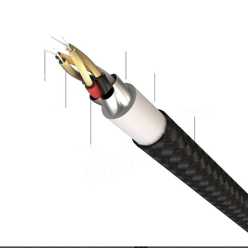 Black universal charger cable with rotating zinc alloy connectors for iPhone and Android phones.