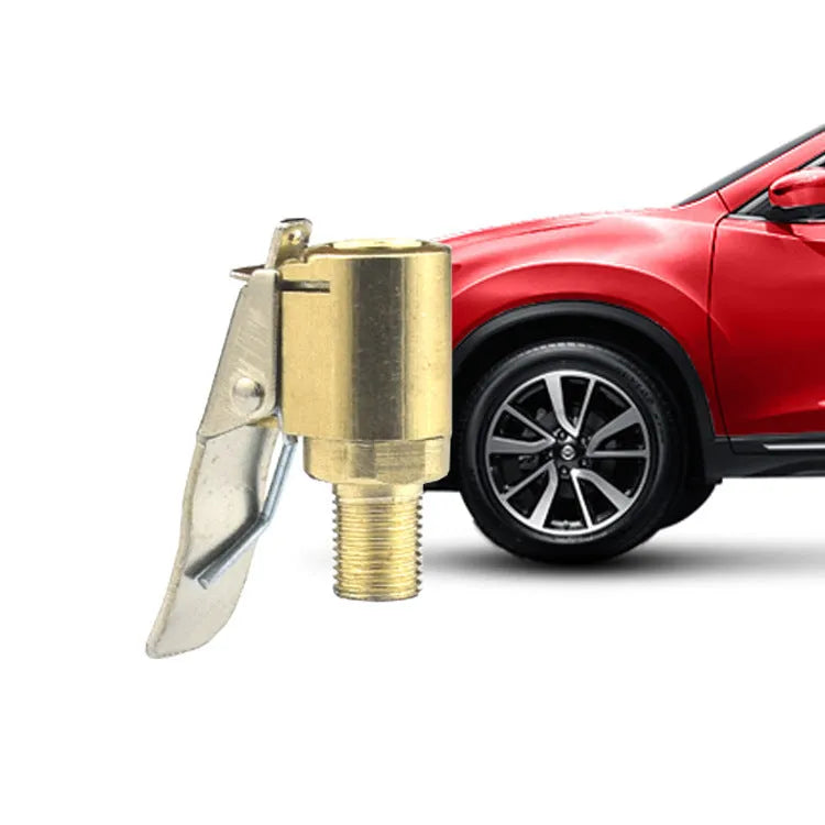 Brass tyre inflation clamp with bulging mouth connector for 8V1 valves, shown next to a car tyre.