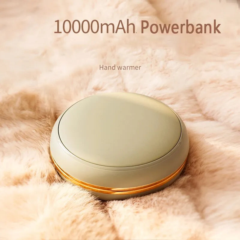 Portable aluminium alloy power bank with hand warmer in coffee colour showing 10000 mAh capacity and Type-C port