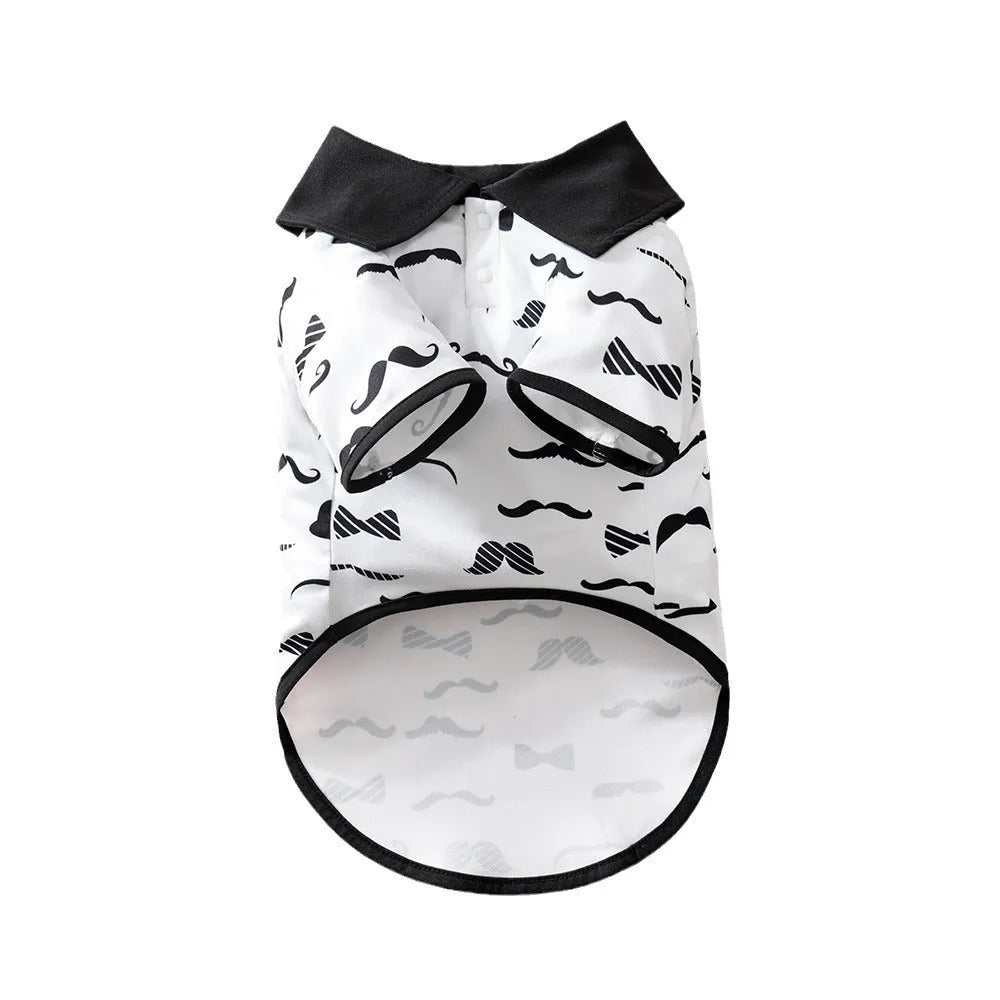 White dog costume with a faux gentleman beard design on a small dog.