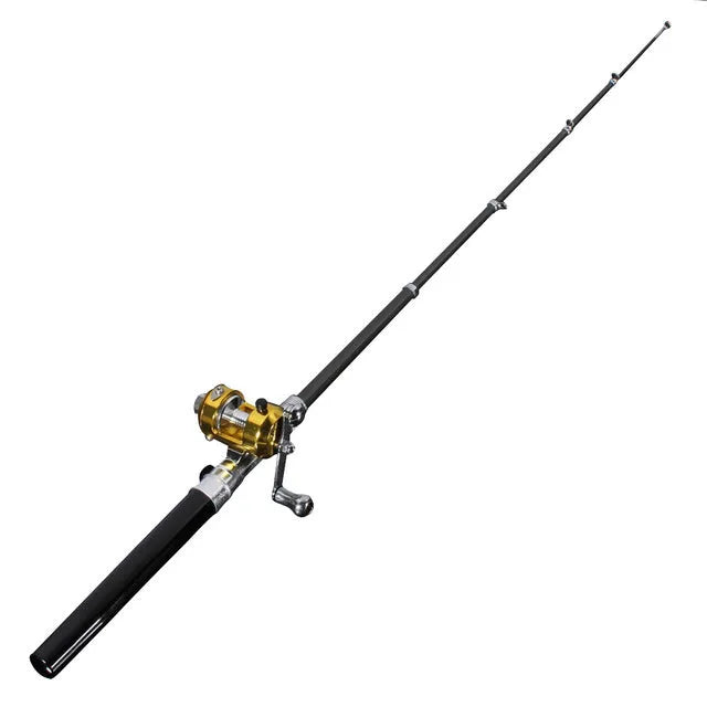Mini portable fishing pole telescopic carbon fibre lightweight spinning reel handle in black colour